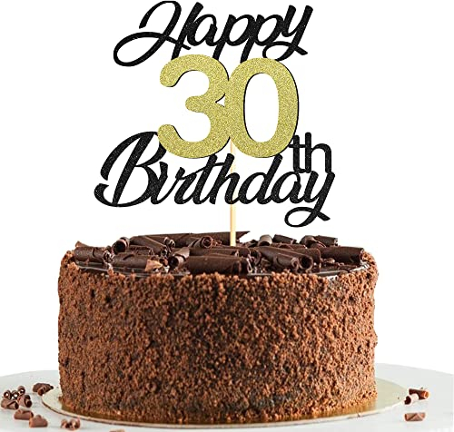 30th Birthday Cake Toppers,Black&Gold Glitter Cake Decorations,Happy 30th Cake Toppers for Men Women Birthday Themed Party,1PC