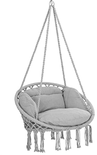 DETEX® Hängesessel bis 150kg Belastbar Boho Stil Wetterfest GS-Zertifiziert Garten 360° Drehbar Grau Hängestuhl Indoor & Outdoor inkl. bequemer Kissen
