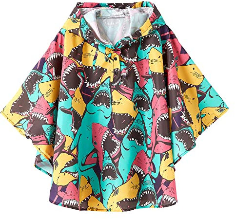 QIKADO Kinder Regenmantel Mädchen Rains Wasserdichter Poncho Fahrrad Regencape, Cap Ärmeln mit Knopfverschlüsse Großmaulhai/XL