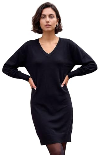 Roman Knitted Jumper Dress for Women UK Ladies Knit Knitwear Autumn Winter Casual Smart Pull On Work Long Sleeves Slouch Relaxed Flattering Over Knee Length V Neck - Black - Size 24