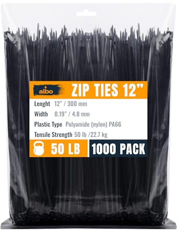 ALBO Kabelbinder, schwarz, 30,5 cm, 1000 Stück, strapazierfähig, 0,4 cm dick, 22,7 kg, Kunststoff-Kabelbinder, UV-beständig, für den Innen- und Außenbereich