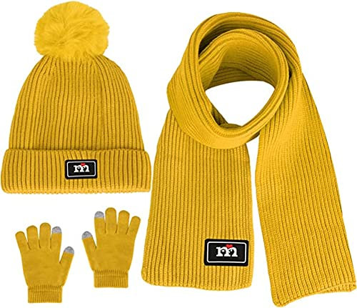 3-10 Jahre alt Jungen Mädchen Winter Strickmütze Schal Handschuhe Set, Fleece gefüttert Kinder Mütze Schal Handschuhe Set (Yellow)