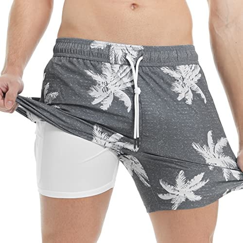 maamgic 5 Mens Swim Shorts with Compression Liner 4-Way Stretch Bathing Suit Swimming Shorts 2 in 1 Men's Swim Trunks with Zipper Pockets Quick Dry