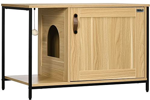 PawHut Maison de Toilette pour Chat Meuble Cache litière pour Chat Style Industriel Porte entrée latérale Boule Suspendue châssis Acier Aspect Bois Clair
