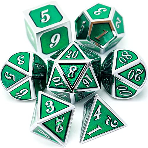 Haxtec 7 Die Metall DND Würfel Set Green Elven Goblin D&D Würfel Set für Dungeons and Dragons RPG Gaming-Silber Smaragdgrüne Elfen Würfel