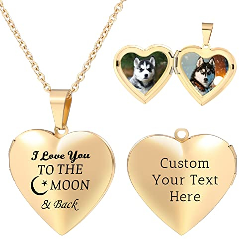 OTXIXTO Herz Medaillon Kette für Damen Personalisierte Foto Anhänger Halskette Gold/Silber/Rosegold aus Edelstahl Text Gravur Personalisierter Schmuck Geschenke für Frauen Mutter (I Love...)