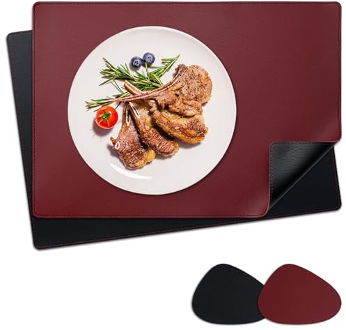 NOSTHEART Tischsets Abwaschbar 2er Set, Platzsets Abwischbar Tischsets Leder Hitzebeständig rutschfest Platzdeckchen mit Untersetzer Tropfenförmig, Doppelseitigen Mit Randnähten, Schwarz Dunkelrot
