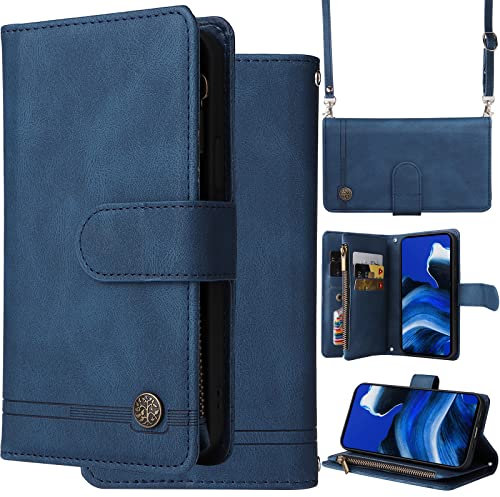 Ammeer Coque Wallet pour Xiaomi Redmi Note 9 Pro/Note 9S, Zipper Magnétique Flip PU Cuir Housse Étui Fermeture Eclair Cover Case Portefeuille Dragonne Bandoulière - Bleu