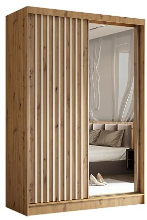 Margaret Hadas24 Kleiderschrank Erika mit Lamellen und Spiegel, Organizer, Mehrzweckschrank, Schwebetürenschrank, Garderobenschrank, Kleiderstange, Kleiderständer, Flurschrank, 150 cm, braun, weiß