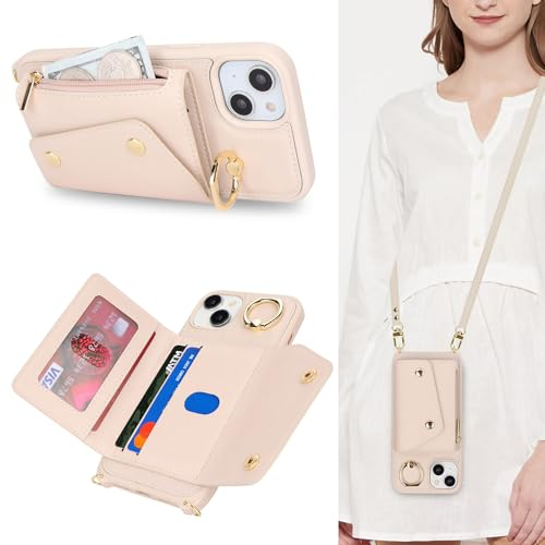 Lipvina Hülle für iPhone 15 Hülle mit Band Kartenhalter handyhülle Hülle für iPhone 15 mit Reißverschluss Band Ring Ständer Case für Frauen - weiß