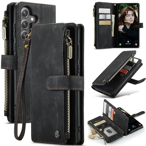 UEEBAI Mobile Phone Case for Samsung Galaxy S23 FE 5G, Retro Zip Case, PU Leather, Soft Flip Case, Magnetic Closure, Card Slot, Stand Function, Wallet with Lanyard, Protective Case - Black