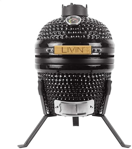 LIVIN' Kamado Barbecue au charbon de bois – Barbecue fumoir en céramique d'un diamètre de 40 cm & thermomètre – Mini barbecue pour les fêtes en plein air – Barbecue de camping fiable en acier