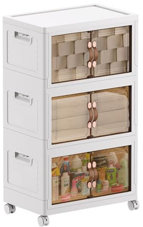 MECOLOR Aufbewahrungsschränke aus Kunststoff mit Rollen, 3 Schubladen, weiß, stapelbar, faltbar, Zugang von oben und vorne, magnetische transparente Türen, je 63 l