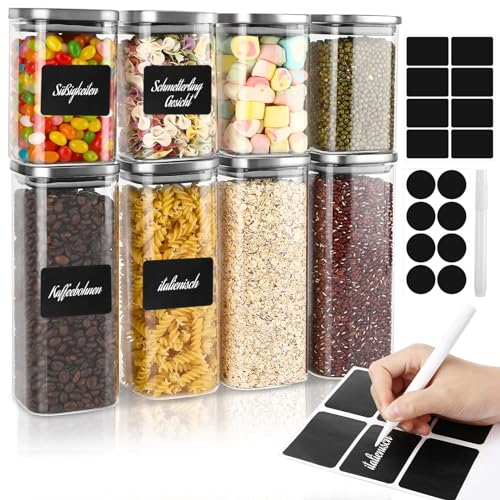 Auauraintt Vorratsgläser 8er Set, Vorratsdosen mit Deckel Luftdicht, Edelstahl Deckel Gewürzdosen 4x 1000ml, 4x 600ml mit DIY Etiketten, abgestufter Löffel, Für Müsli, Zucker, Mehl, Vorratsdosen Glas
