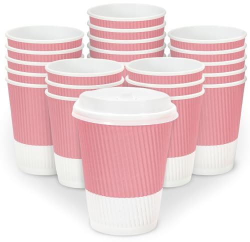 JarThenaAMCS 100Pcs Pink White Disposable Coffee Cups with Lids 12oz Paper Cups Corrugated Ripple Wall Insulated Hot Cups for Valentine's Day Home Office Party Supplies