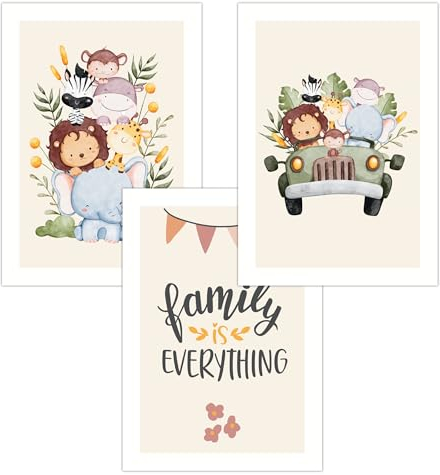 FAVELOT Poster Kinderzimmer Jungen, Mädchen A4 - Safari, Tiere, Grün Beige - Bilder Babyzimmer Deko - Deutscher Premium-Druck - 3er Set Din A4