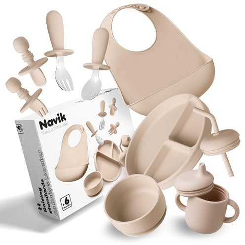 Navik | Set vajilla bebe de silicona | Contiene plato ventosa bebe dividido | vaso aprendizaje bebe | cuchara bebe | cuenco bebe ventosa | +6 meses | Beige