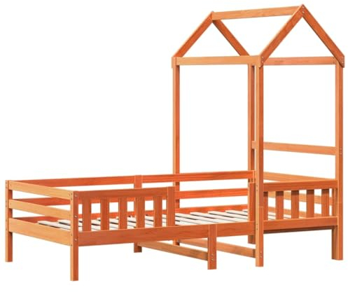 vidaXL Massivholzbett mit Dach, Bett mit Sperrholzlatten, Holzbett für Schlafzimmer, Einzelbett Bettgestell, Modern, Wachsbraun 100x200cm Massivholz Kiefer