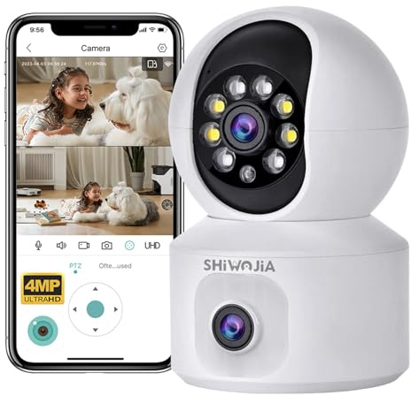 SHIWOJIA 2K 4MP Indoor WiFi Surveillance Camera, PTZ 360° Camera with Dual Lens, Intelligent Night Vision, Person Detection and Auto Tracking, Two-Way Audio