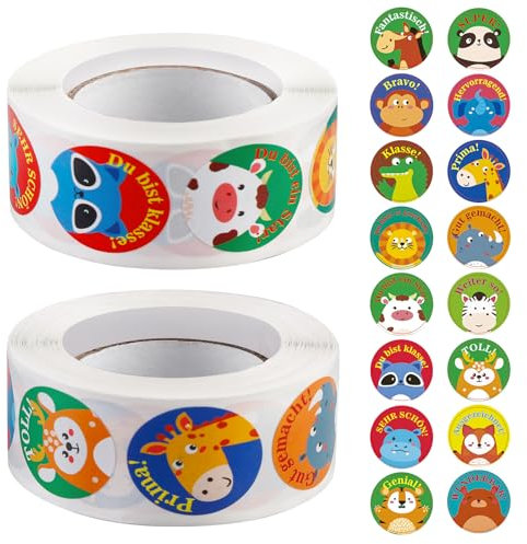 Vegena 1000 Stück Belohnungsaufkleber Kinder - Belohnungssticker für Kinder, Tiersticker Motivationssticker für Schule und Unterricht, Lehrerbelohnungsaufkleber Schulaufkleber