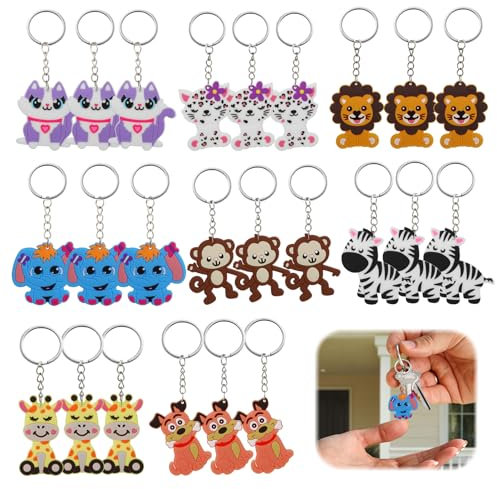 Saituo Home 24 PièCes Porte-CléS Animaux,Porte Clé Personnalisé,Mini Porte-CléS pour Enfants,Porte-CléS Animaux de la Jungle,Pack de FêTe D’Anniversaire pour Enfants,Porte Clef Enfant,Lot Porte Clé
