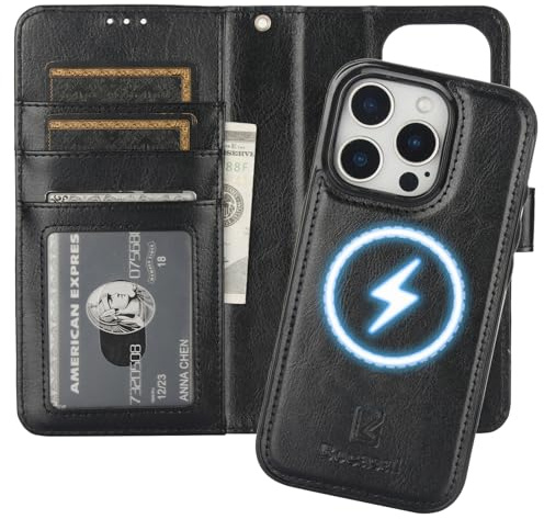 Bocasal for iPhone 16 Pro Wallet Case Compatible with MagSafe Wireless Charging, RFID Blocking Magnetic Leather Case with Card Slots Holder Kickstand Detachable Wrist Strap 6.3 Inch (Black)
