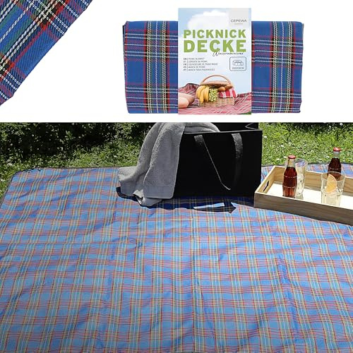 Cepewa Picknickdecke Beschichtung wasserabweisend | 150x130 blau Polyester Polyethylen | Decke mit Karomuster rechteckig Outdoordecke (1 x Picknickdecke blau)