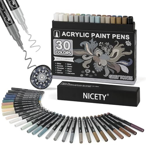NICETY 30Pcs Feutre Acrylique Peinture stylo marqueur peinture acrylique Verre pour Bois, Toile, Verre, Céramique - Acrylic Paint Marker à base d'eau à 0,7 mm Extra Pointe Fine(Gris)