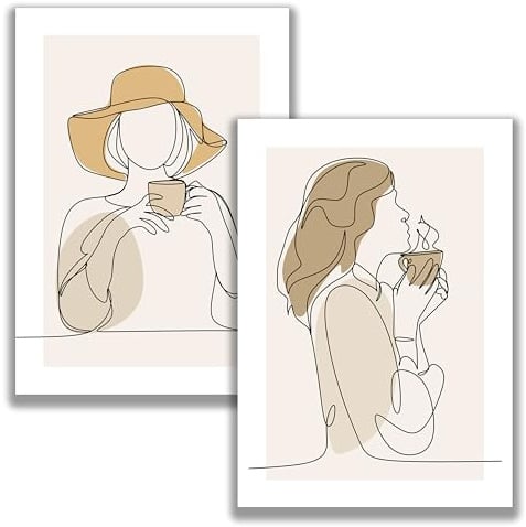 WBdesignz 2er Lineart Boho Poster Set - Wandkunst für Wohnzimmer, Küche Frauensillhouette Genuss Ruhe Heißgetränk Kaffee Tee Farbflächen Deko Bilderset (30 x 40 cm, ohne Rahmen)
