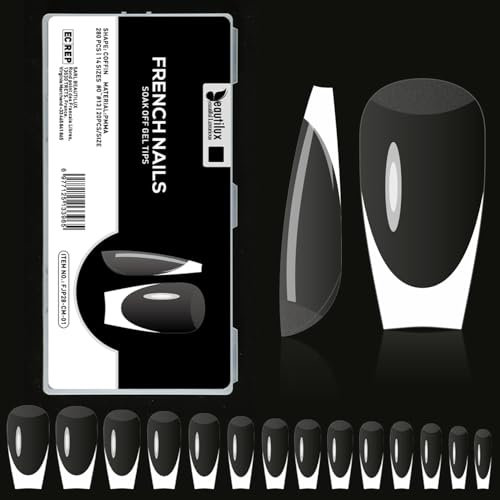 Beautilux Faux Ongles Clair French Medium Coffin Press on Ongles 280 Pièces 14 Tailles, Soak Off Faux Ongles Pose Americaine Pour Manucures à Domicile
