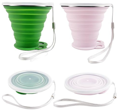 2 Pack Silicone Foldable Cup,Silicone Collapsible Travel Cup,Portable Collapsible Travel Mugs with Plastic Sealing Lid,Reusable Portable Cup Set for Picnic,Camping,Outdoor Hiking(pink and green)