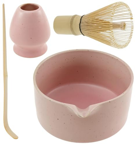 4Pcs Matcha Whisk Set, Matcha Whisk and Bowl Set, Complete Japanese Tea Starter Making Kit with Spoon, Holder, Mixer and Bowl with Pouring Spout for Tea Lovers (Pink)