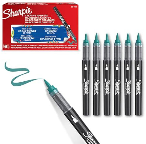 Sharpie Rotuladores acrílicos creativos Rotuladores al agua con punta de pincel | Tinta sin borrones | Escribe en la mayoría de superficies | Material escolar | Verde Esmeralda | 6 Piezas