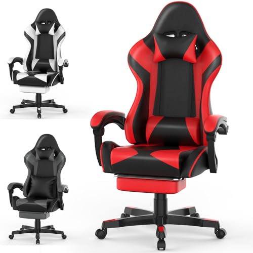 Ferghana Sedia Gaming Ergonomica con Massaggiatore Lombare，Sedie da Ufficio，Sedia Gamer con Cuir PU Respirante，Poggiatesta，Poggiapiedi Telescopico，Regolabile 90-135°，Poltrona da Gaming，Rosso