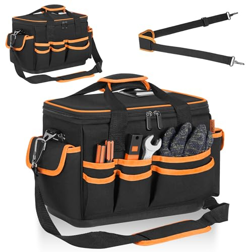 Sac à Outils en Nylon avec 20 Poches et Base Rigide 30cm, Noir 14L | Sac de Rangement pour Outils avec Bretelles réglables, Double Fermeture Éclair, Base Rigide Imperméable, 30x25x19CM
