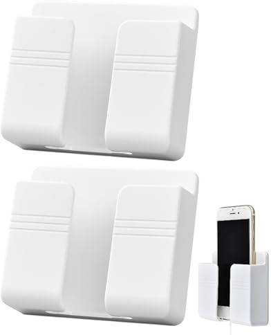 CVNRCLP 2 Pack Wall Mount Mobile Phone Charger Holder, Adhesive Remote Wall Stand for Charger, Phone Holders for Kitchen Shower Bed Wall (phone Holder for Remote (White)