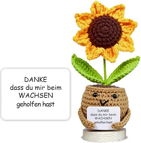 VELENTI Handgemachte gehäkelte Sonnenblume mit Karte „Danke, DASS du Mir beim Wachsen geholfen hast“ | Geschenk für Lehrerin, Erzieherin, Mama | Liebevolles Abschieds- & Dankeschön-Geschenk