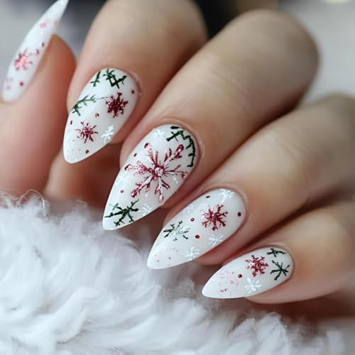 Christmas Press On Nails Almond - SXVME White Press On Nails Medium, Acrylic Fake Nails with Snowflakes Design, Glossy Soft Gel Winter False Nail Stick on Nails Kit for Women, 24 Pcs