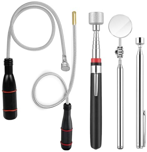 Magnetheber Set, 5 Stück Flexibler Teleskopischer Magnetstab mit Rundspiegel, 1.5/3/3.5/15LB, Ausziehbarer Magnetstab für Werkstatt, Heimwerker, Autoteilen, Metallgegenstände