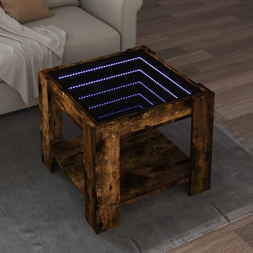 Owoxanthellate LED Couchtisch Modern 53x53x45 cm Räuchereiche mit Infinity Spiegel RGB Couch Tisch für Wohnzimmer und Schlafzimmer