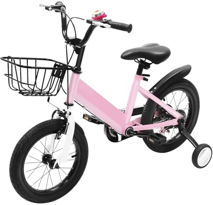 Wiefiche 14 Zoll Kinderfahrrad Jungen und Mädchen Fahrrad Kinder mit Stützrädern und Korb Höhenverstellbar Kinderfahrräder für ab 3-5 Jahre Mädchenfahrrad