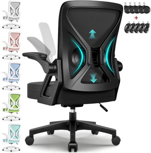 Airchros Bürostuhl Ergonomisch mit Hochklappbaren Armlehnen, Einstellbarer Lendenstütze, Wippfunktion bis 125°, Höhenverstellbar, Netzstuhl, Schwarz