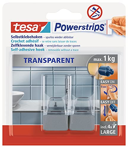 tesa Powerstrips bis 1 kg Transparent 2 x 5 cm + 4 Tabs LARGE Transparent/Chrom