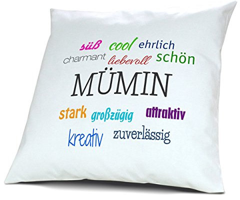 digital print Kopfkissen mit Namen Mümin - Motiv Positive Eigenschaften, 40 cm, 100% Baumwolle, Kuschelkissen, Liebeskissen, Namenskissen, Geschenkidee, Deko