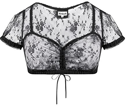 Almbock Dirndlbluse schwarz Spitze - Edle Dirndlbluse schwarz transparent mit Kurze Ärmel und Tunnelzug - Dirndlbluse Spitze schwarz 36 - Modell Daria