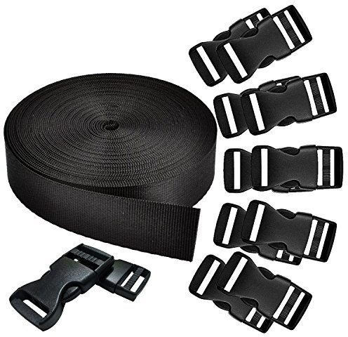 MOAMUN 1 Inch Wide 10 Yards Black Nylon Heavy Webbing Strap and 12 PCS Flat Side 25mm Release Buckles Webbing Tape with Buckle Clip Buckle Strap For DIY Craft Luggage Backpack Strapping(Strap +Buckle)