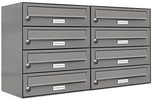 AL Briefkastensysteme 8er Briefkastenanlage Aluminiumgrau RAL 9007, Premium Briefkasten DIN A4, 8 Fach Postkasten modern Aufputz