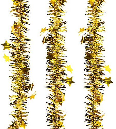 Oblique Unique® Lametta Folien Girlande 3 STK. mit Sternen und Glitzer Effekt für Weihnachten Weihnachtsdeko Silvester Geburtstag Party Feier Deko Gold Silber - Farbe wählbar (Gold)