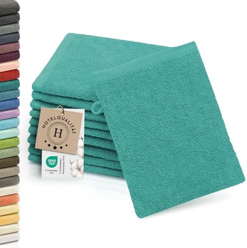 ZOLLNER 10er Set Waschlappen - weiche und saugstarke Waschhandschuhe - waschbar bis 95°C - Baumwolle - 16x21 cm in türkis