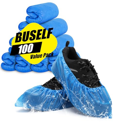 Buself Fundas desechables para zapatos, paquete de 100 (50 pares), fundas desechables para zapatos y botas, impermeables, antideslizantes, duraderas, para botas y zapatos, talla única (azul
